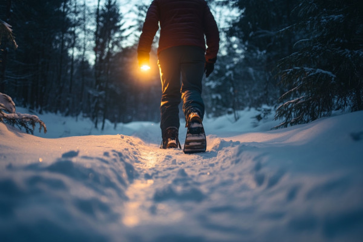 Homme de dos qui marche dans la neige